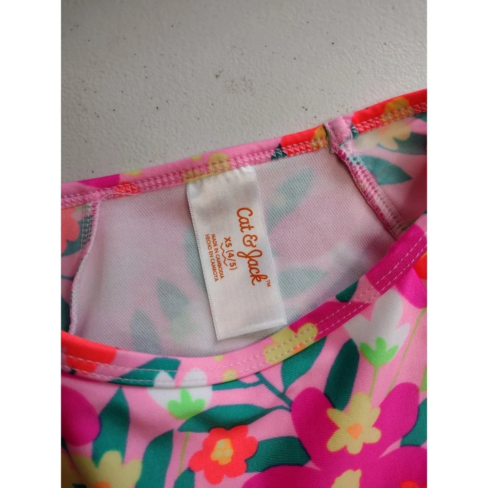 Cat‎ & Jack Girls XS 4/5 Floral Long Sleeve Rash Guard Swim Top Pink Twist Front